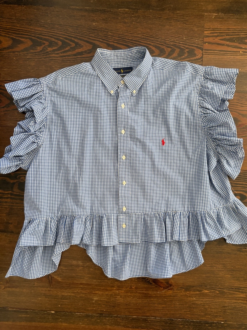 Ralph Lauren Blue & White Gingham Ruffle Button-Up Shirt.